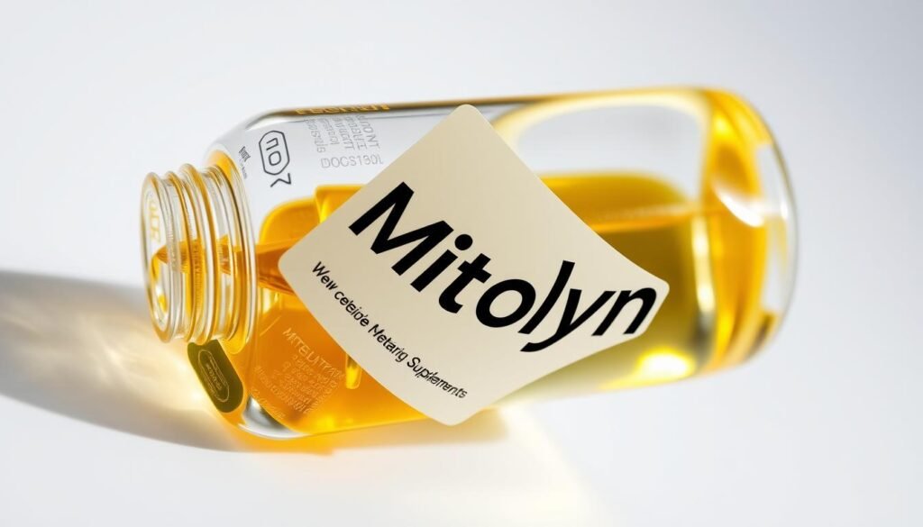 A close-up shot of a transparent glass bottle filled with a shimmering golden liquid supplement. The bottle has a sleek, modern design with a minimalist label showcasing the "Mitolyn" brand name in a bold, sans-serif typeface. The bottle is positioned on a clean, white background, accentuating the vibrant color of the liquid and the clarity of the glass. Soft, directional lighting casts subtle shadows, highlighting the product's high-quality and premium appearance. The overall composition conveys a sense of purity, potency, and scientific efficacy, perfectly suited for an article about a metabolism-boosting supplement.