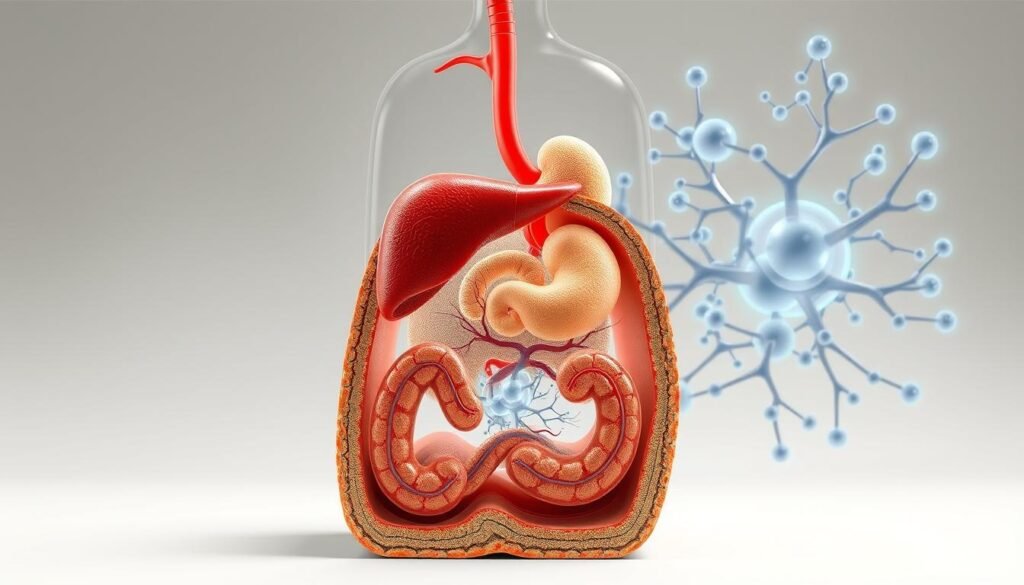 A detailed cross-section view of the human metabolic system, showcasing the intricate interplay between key organs and processes involved in weight management. In the foreground, a stylized representation of the digestive tract, liver, and pancreas, highlighting their roles in nutrient absorption and energy regulation. In the middle ground, a visualization of the circulatory system, conveying the transportation of metabolites and hormones. The background features a network of mitochondria, the powerhouses of cells, illustrating the central role of cellular respiration in metabolism. The scene is rendered in a clean, scientific style, with soft lighting and a muted color palette to emphasize the technical and educational nature of the image.