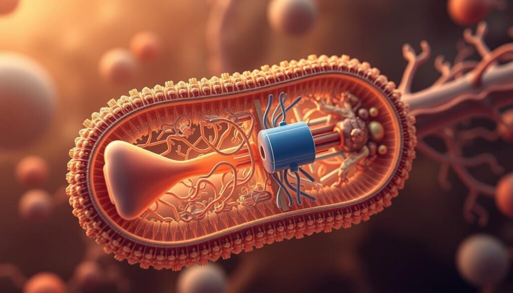 A detailed, cross-sectional illustration of the Mitolyn mitochondrial function, showcasing the intricate organelle structure and the key metabolic processes it facilitates. The foreground depicts the inner and outer mitochondrial membranes, with cristae and the matrix visible. Midground highlights the various enzyme complexes and transport systems responsible for ATP production, oxidative phosphorylation, and other vital mitochondrial activities. The background subtly depicts the cellular environment, with energy-demanding organelles and pathways surrounding the mitochondrion. Warm, muted tones convey the essential, yet subtle nature of this organelle's role in overall cellular metabolism. Rendered with a scientific, technical style using a wide-angle, cutaway perspective to maximize visual information.